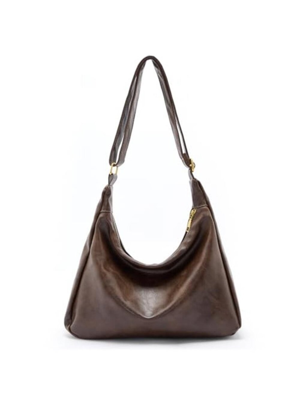 Brown Vegan Leather Hobo Bag Women Slouchy Shoulder Tote Purse Zipper Pockets